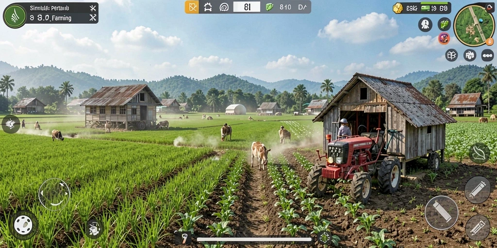 Tampilan gameplay 8II dengan latar belakang kebun yang subur.