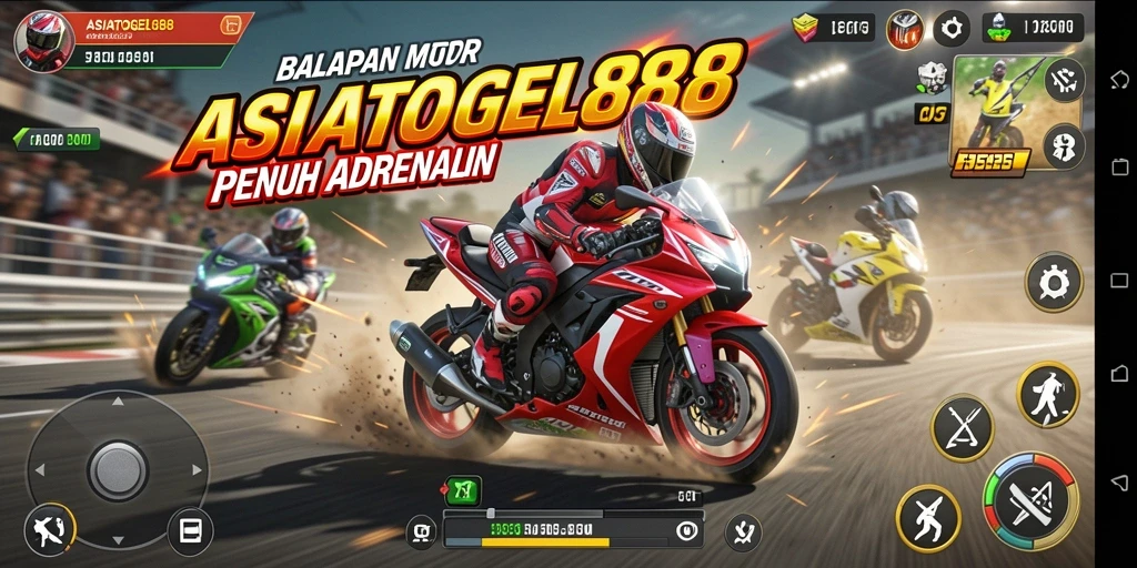 Screenshot gameplay ASIATOGEL88 yang menampilkan aksi balapan motor penuh kecepatan.
