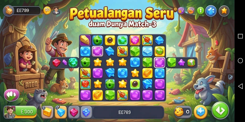 Screenshot gameplay EE789 menampilkan keseruan mencocokkan item dalam level Match-3.