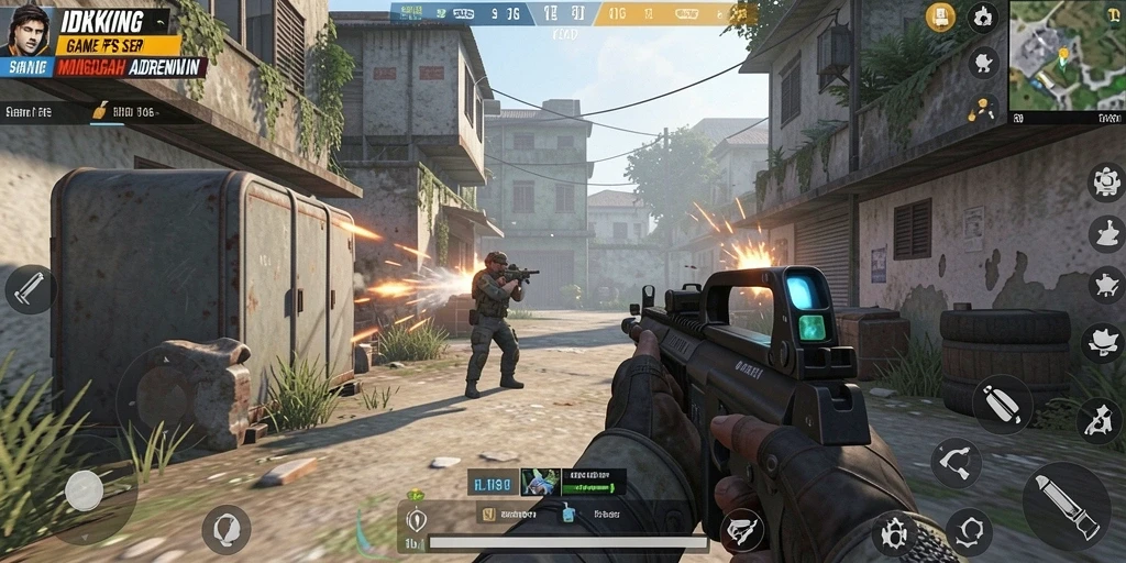 Tangkapan layar gameplay IDRKING menampilkan aksi tembak-menembak yang intens.