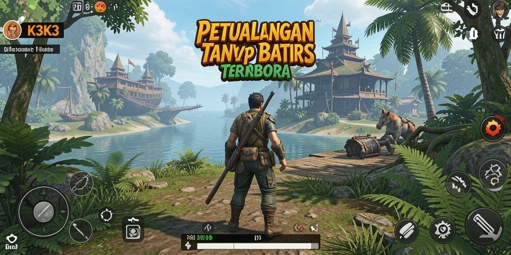 Tangkapan layar gameplay K3K3 menunjukkan petualangan di dunia terbuka yang luas.