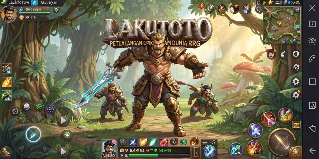Tampilan layar utama LAKUTOTO menampilkan aksi pertarungan RPG yang menegangkan.