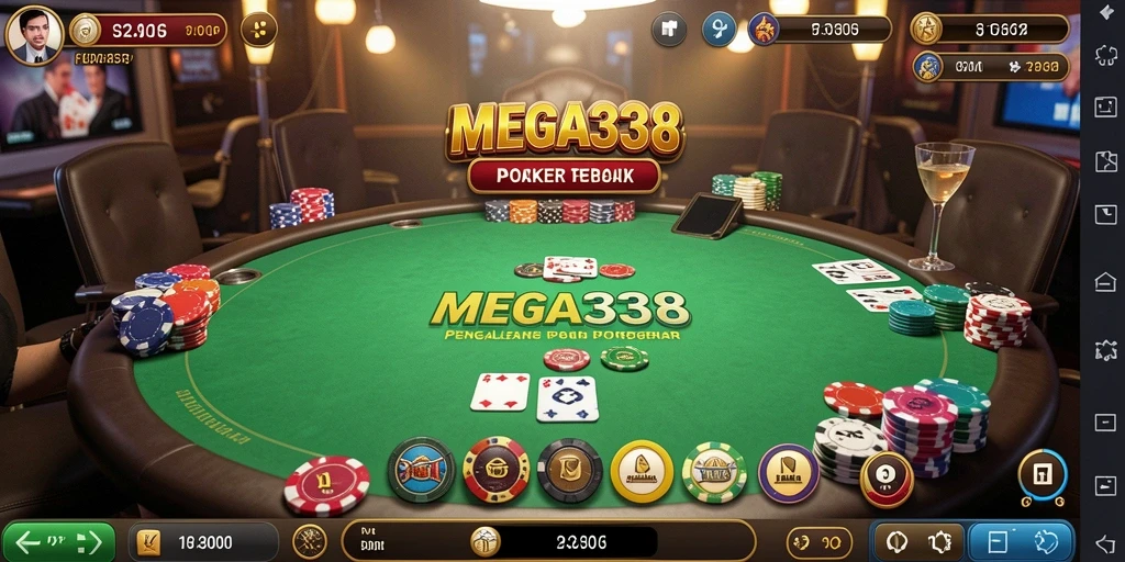 Screenshot utama MEGA338 menunjukkan gameplay seru dengan aksi poker yang mendebarkan.
