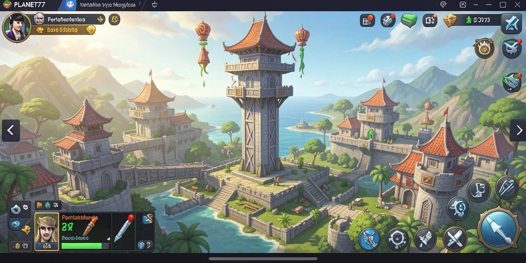 Tangkapan layar gameplay PLANET77 yang menunjukkan aksi menara yang mendebarkan.