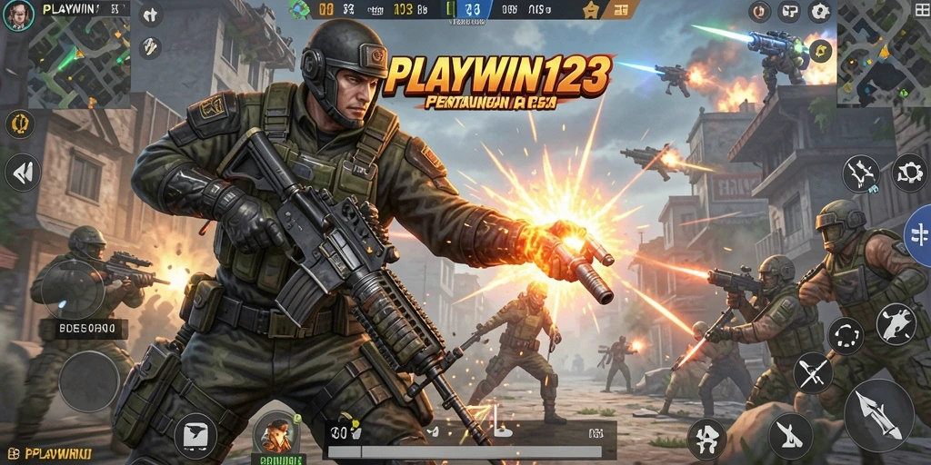 Tampilan aksi seru di gameplay FPS PLAYWIN123.
