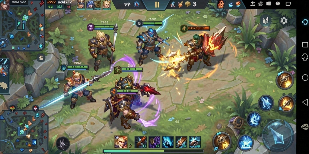 Screenshot gameplay seru dalam pertempuran tim MOBA.