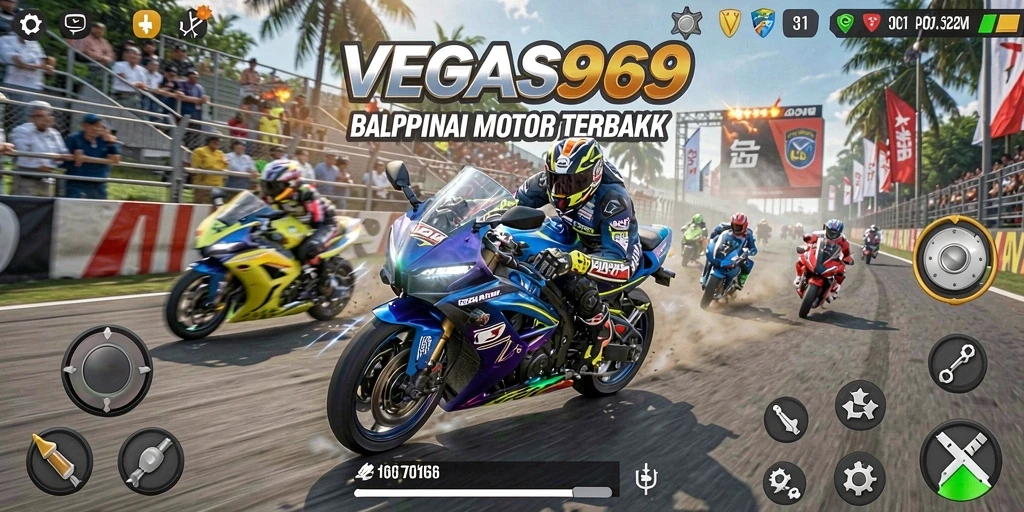 Tangkapan layar menunjukkan gameplay mendebarkan dari VEGAS969 dengan sepeda motor berkecepatan tinggi.
